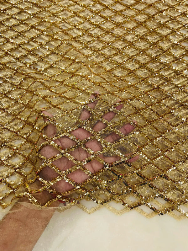 Diamond Sequins Fabric - Gold - Diamond Geometric Net Design on Mesh Lace Fabric By Yard
