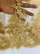 Corded Floral 3D Fabric - Gold - Embroidered Floral Design on Lace Mesh Fabric by Yard