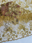 Butterfly Sequins Fabric - Gold - Metallic Floral Butterfly Design on Lace Fabric By Yard