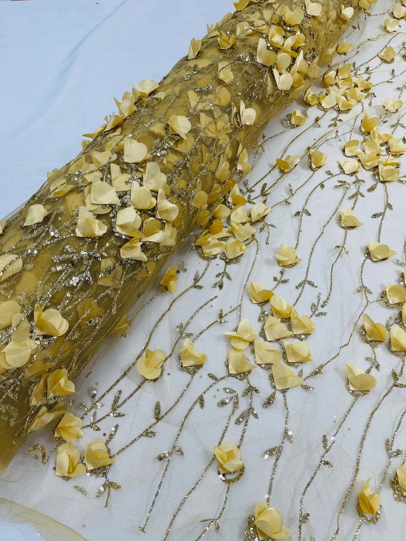 3D Glitter Floral Fabric - Gold - 3D Flowers with Sequins and Glitter on Mesh Sold By Yard