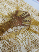 Tulle Glitter Fancy Line Fabric - Gold - Tulle Fabric with Sparkle Glitter Design Sold By Yard