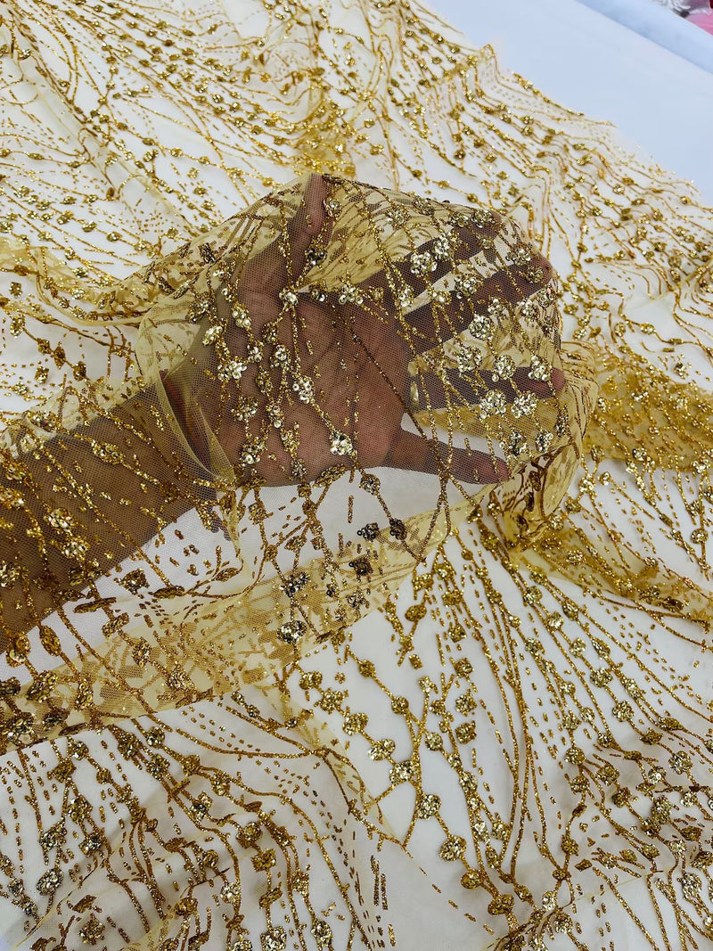 Tulle Glitter Fancy Line Fabric - Gold - Tulle Fabric with Sparkle Glitter  Design Sold By Yard