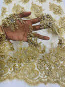 Rhinestone Beaded Fabric - Gold - Beaded Floral Rhinestone Design with Fancy Border Sold By Yard
