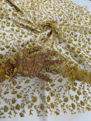 Shimmer Glitter Flower Fabric - Gold - Small Glitter Flower Design on Lace Sold By Yard