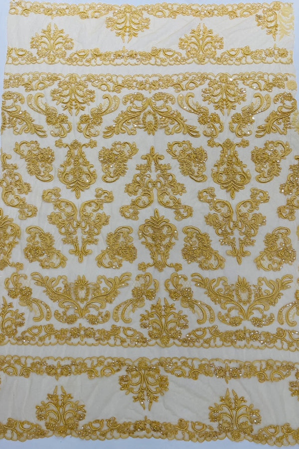 Beaded My Lady Damask Design - Gold - Beaded Fancy Damask Embroidered Fabric By Yard