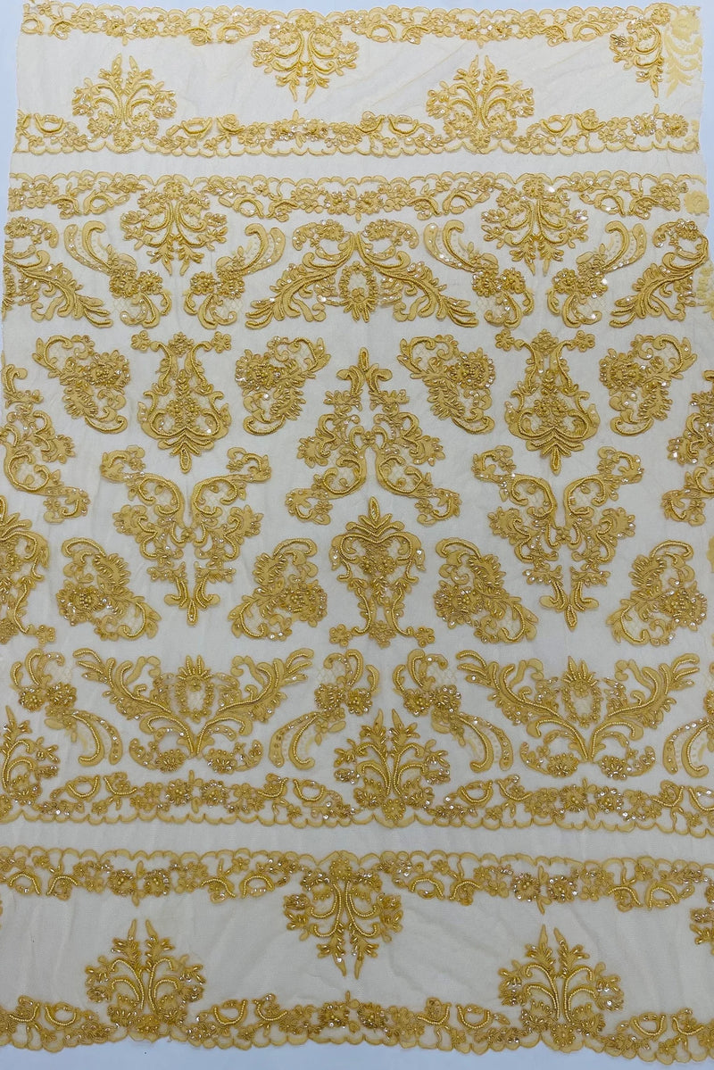 Beaded My Lady Damask Design - Gold - Beaded Fancy Damask Embroidered Fabric By Yard