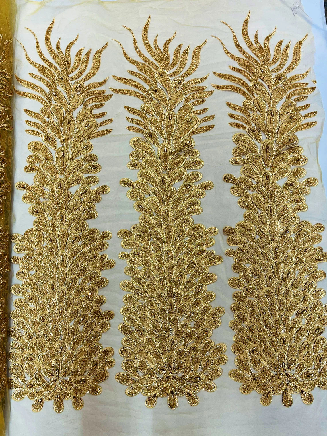 3D Beaded Peacock Feathers - Vegas Design Embroidered Sequins and Beads On a Mesh Lace Fabric - 15 Yard Roll