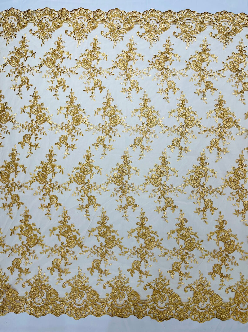 Floral Plant Lace Fabric - Gold - Embroidery Flower Small Leaf Design Lace Fabric Sold By Yard