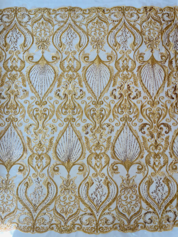 Damask Leaf Bead Fabric - Gold - Heavy Beaded Embroidered Sequins Lace Fabric by Yard