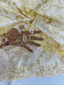 Floral Metallic Lace Fabric - Gold - Corded Embroidered Floral Sequins Fabric by Yard