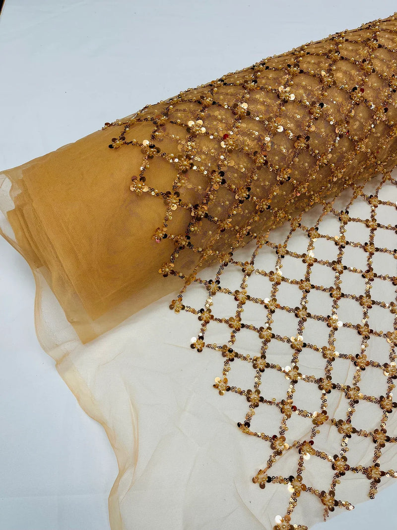 Beaded Net Beaded Diamond Net Fabric - Gold - Embroidered Geometric Beaded Sequin