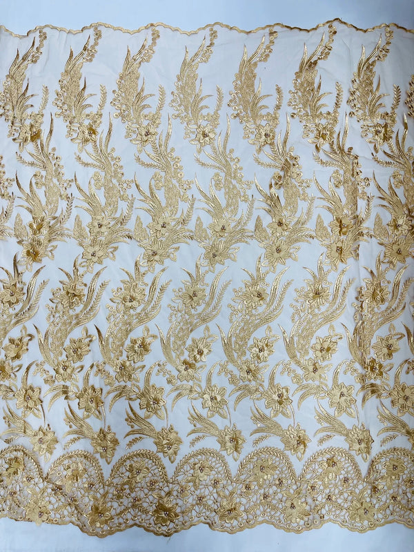 3D Floral Leaf Panels - Gold - Embroidered 3D Flower Lines with Pearls on Lace By Yard