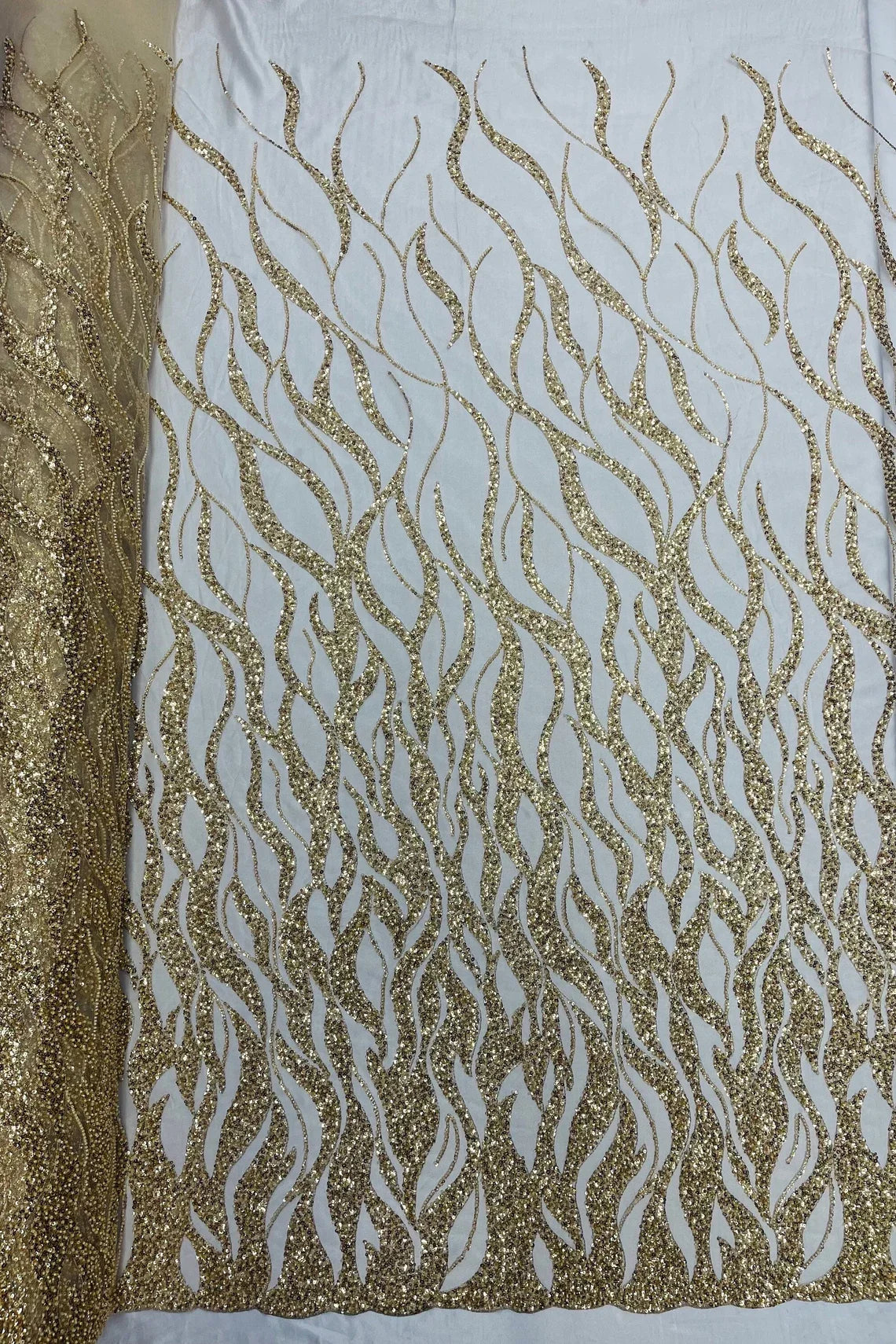 Fire Flames Design Bead Fabric - Gold - Beaded Embroidered Fire Pattern Fabric By Yard