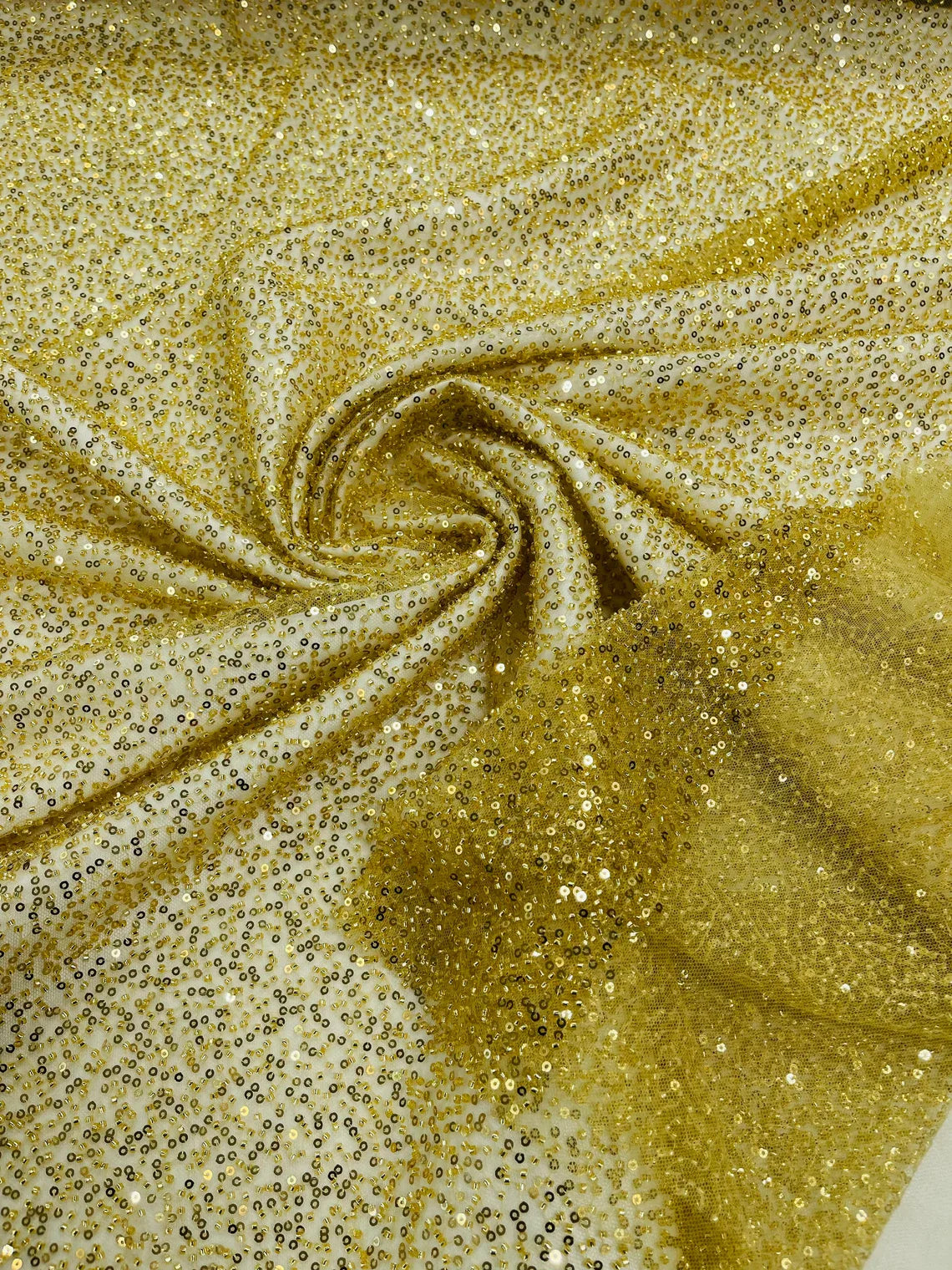 3D Beaded Lace Fabric - Gold - Heavy Embroidery Handmade Lace, Beaded Fabric By Yard