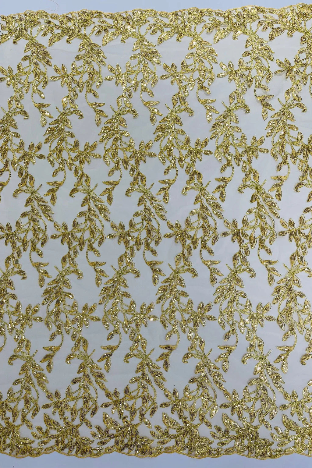 Metallic Thread Leaf Design - Embroidered Leaf With Sequins Design on Mesh Lace Fabric by the Yard