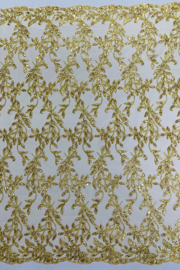 Metallic Thread Leaf Design - Embroidered Leaf With Sequins Design on Mesh Lace Fabric by the Yard