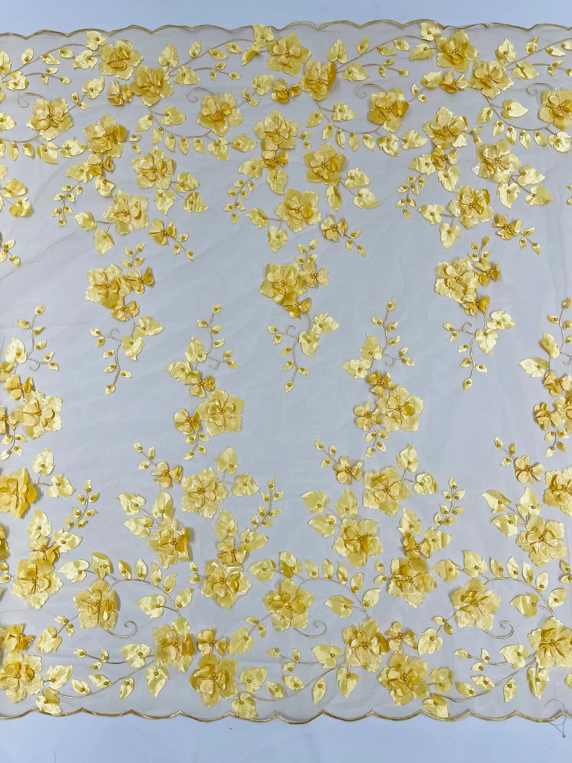 3D Floral Pearl Fabric - Gold - Embroidered Floral Pearl Fabric Double Border On Mesh By Yard