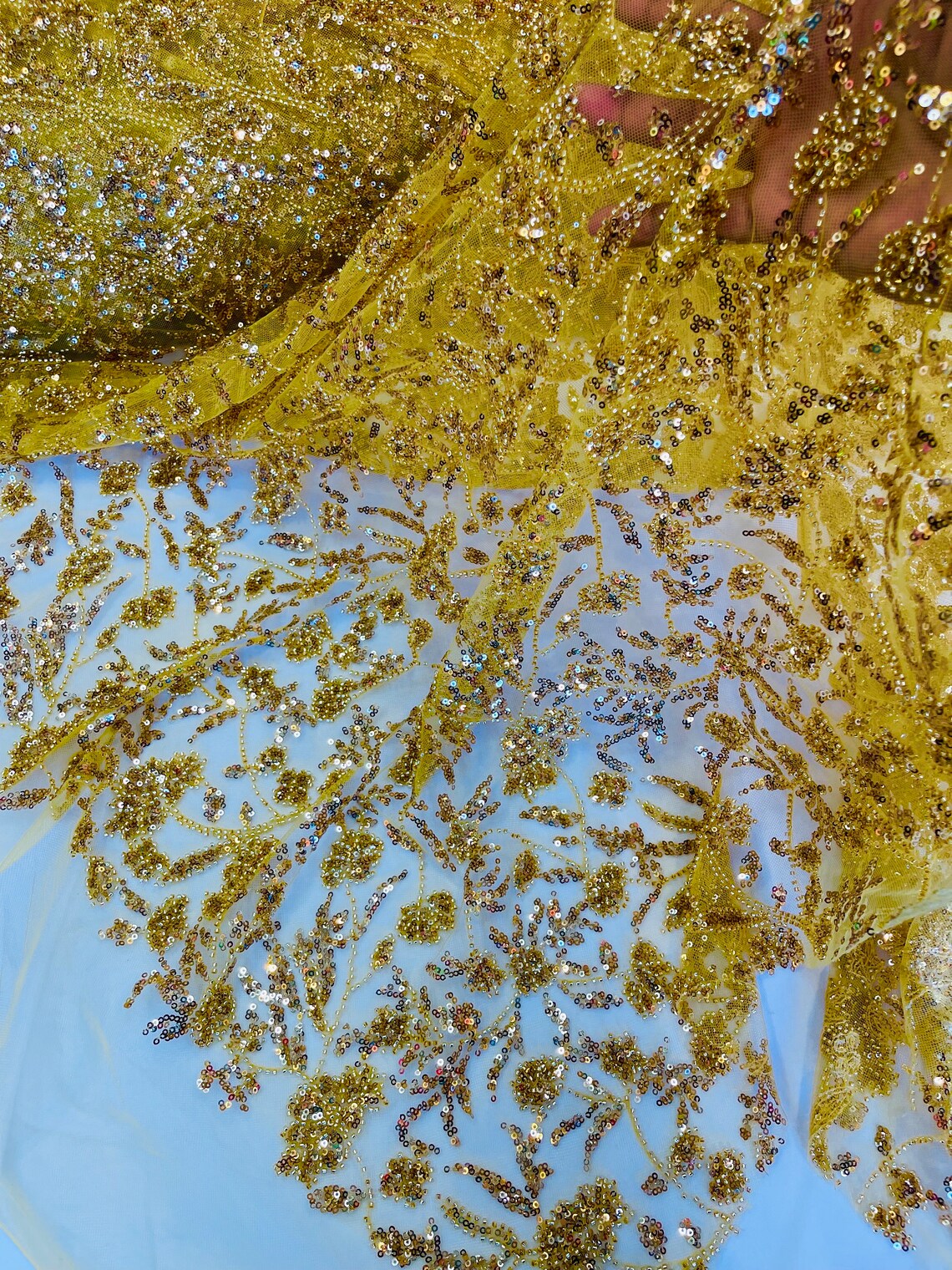 Beaded Floral Plant Design - Gold - Embroidered Beaded Flower Plants Sequins Fabric By Yard
