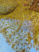 Beaded Floral Plant Design - Gold - Embroidered Beaded Flower Plants Sequins Fabric By Yard