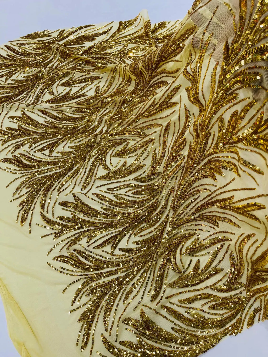 Leaf Design Stretch Sequins - Gold - 4 Way Stretch Lace Mesh Sequins Fabric by Yard