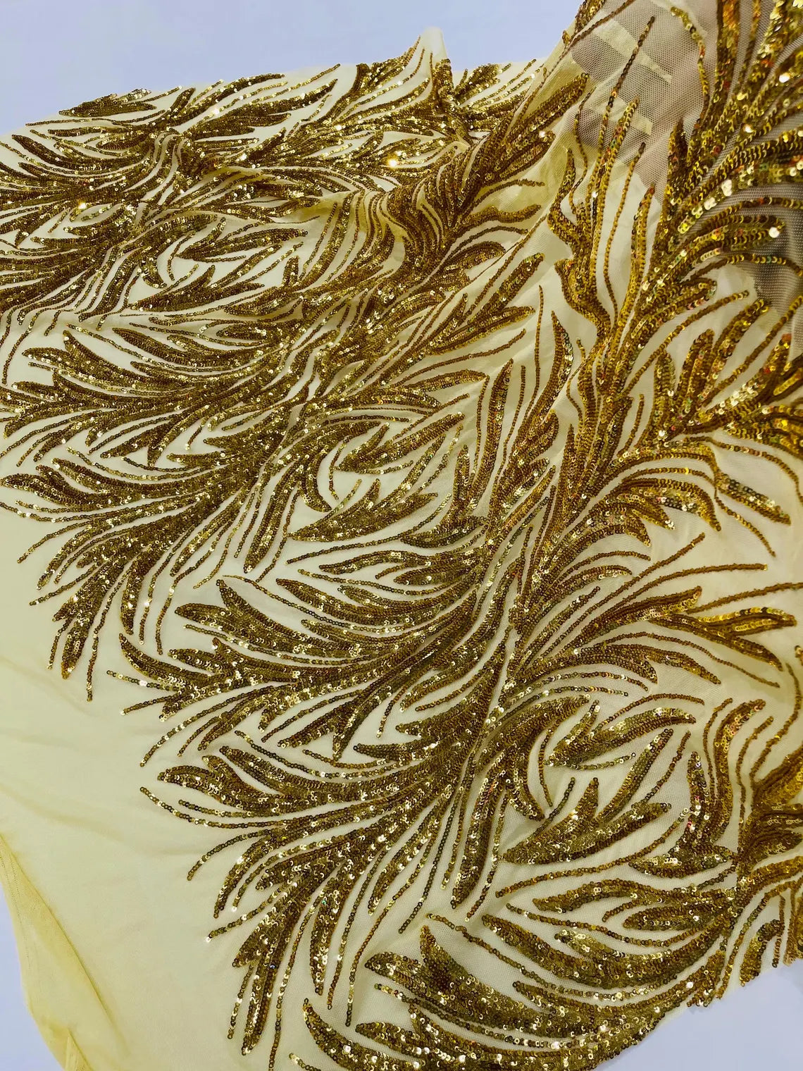 Leaf Design Stretch Sequins - Gold - 4 Way Stretch Lace Mesh Sequins Fabric by Yard