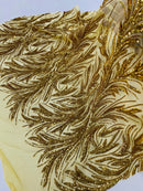 Leaf Design Stretch Sequins - Gold - 4 Way Stretch Lace Mesh Sequins Fabric by Yard