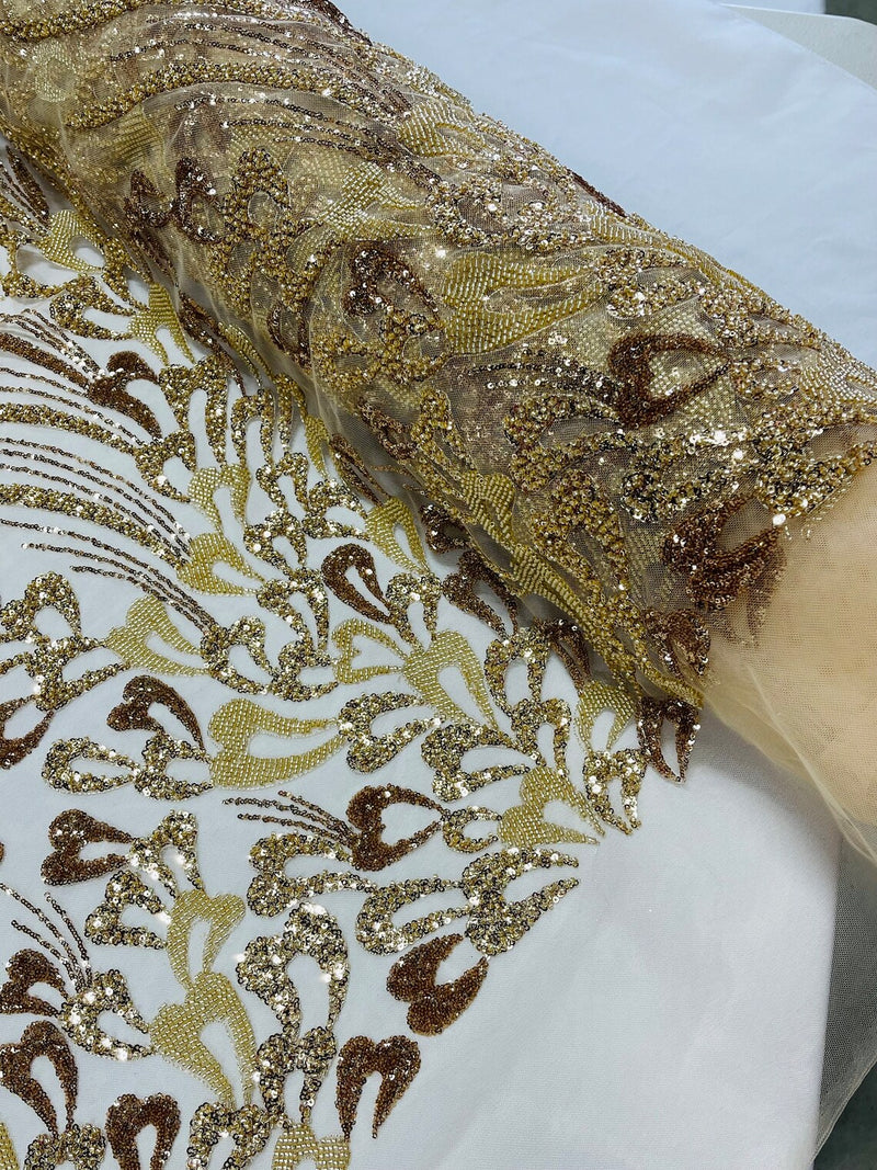 Fancy Wavy Leaf Bead Fabric - Gold - Leaf Line Beaded Design Embroidered Mesh By Yard