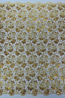 Metallic Sequins Design - Gold - Embroidered Metallic Thread Leaf Pattern Sequins Fabric By Yard