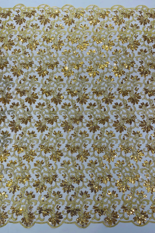 Metallic Sequins Design - Gold - Embroidered Metallic Thread Leaf Pattern Sequins Fabric By Yard