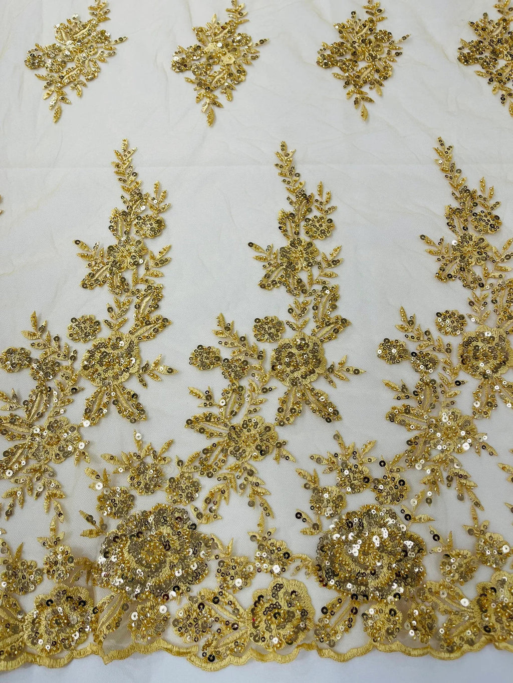 Beaded Rose Flower Fabric - Gold - Embroidered Beaded Long Border Floral Fabric By Yard