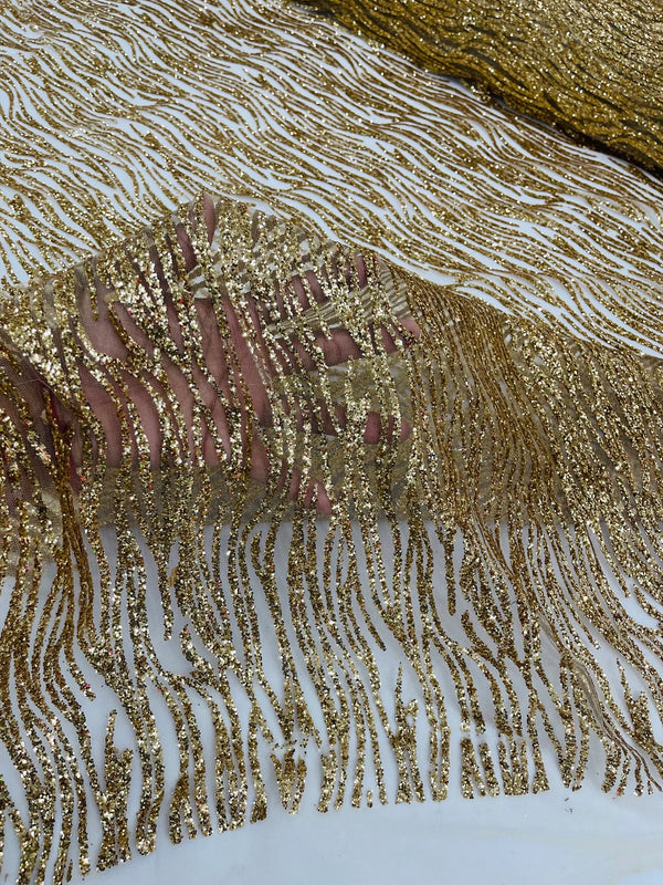 Zebra Stripe Glitter Fabric - Gold - Glitter Design Zebra Lines on Lace Fabric By Yard