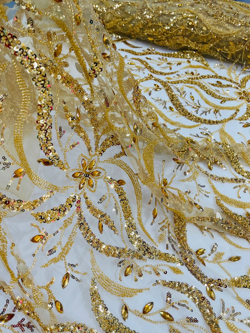 Wavy Leaf / Floral Bead Fabric - Gold - Beaded Rhinestone Embroidered on a Mesh By Yard