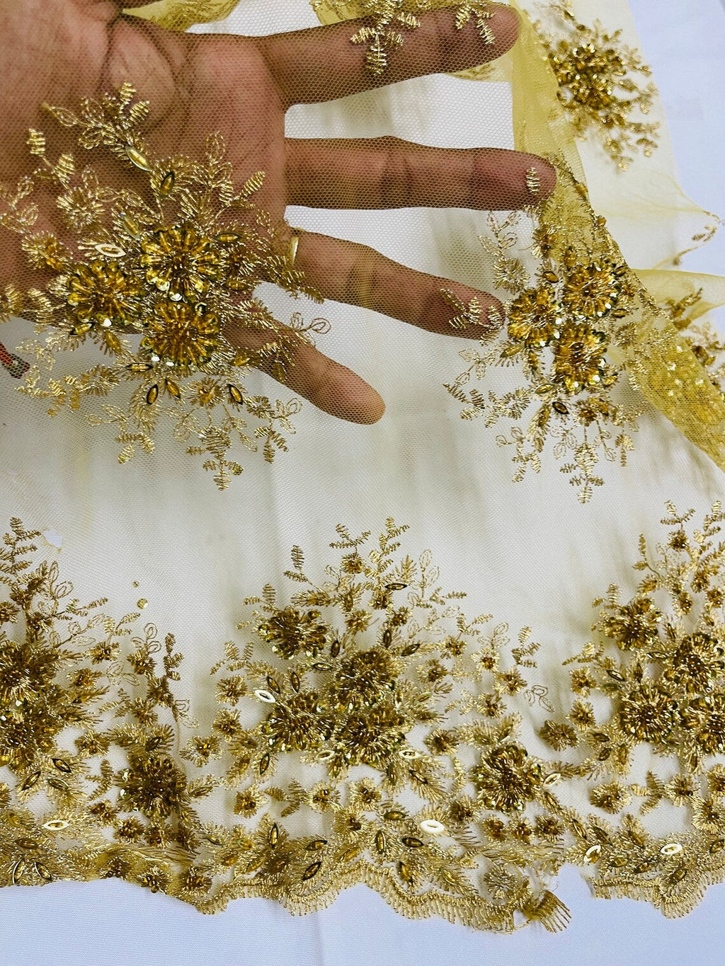 Beaded Flower Cluster Fabric - Gold - Beaded Floral Gaviota Design Embroidered On Mesh Sold By Yard