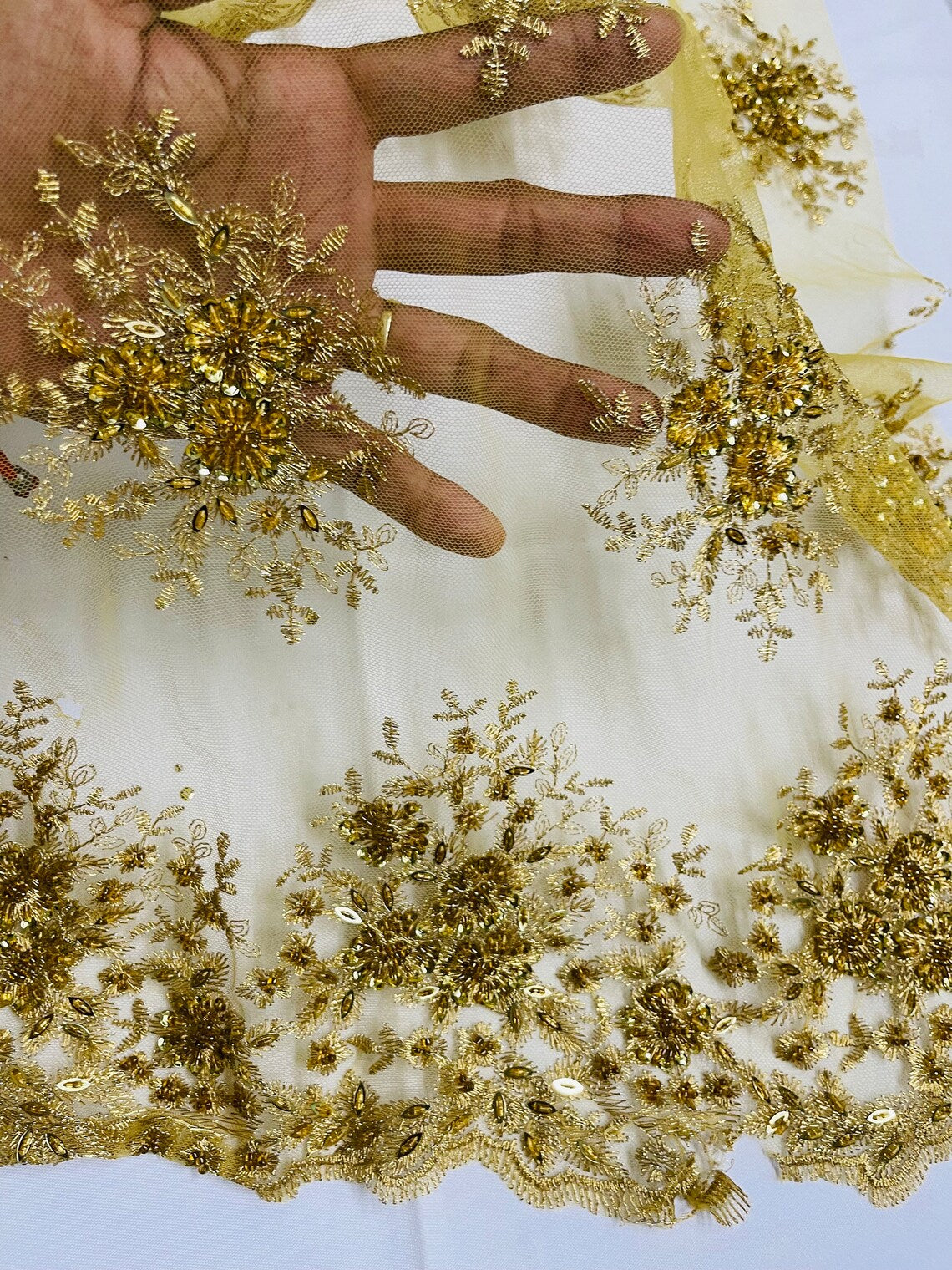 Beaded Flower Cluster Fabric - Gold - Beaded Floral Gaviota Design Embroidered On Mesh Sold By Yard