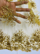 Beaded Flower Cluster Fabric - Gold - Beaded Floral Gaviota Design Embroidered On Mesh Sold By Yard