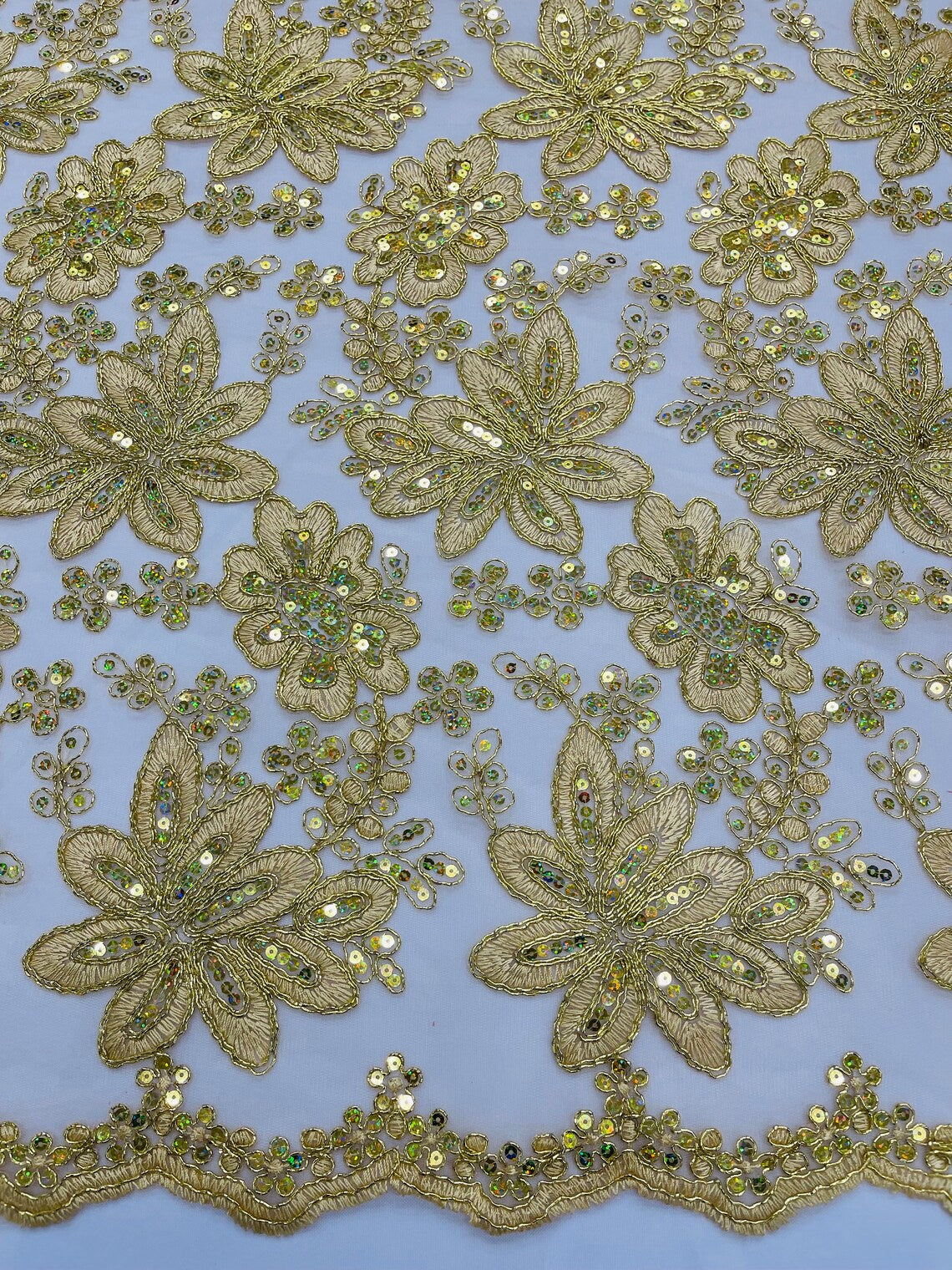 Corded Lace Floral Fabric - Gold - Hologram Sequins Metallic Thread Floral Fabric by Yard