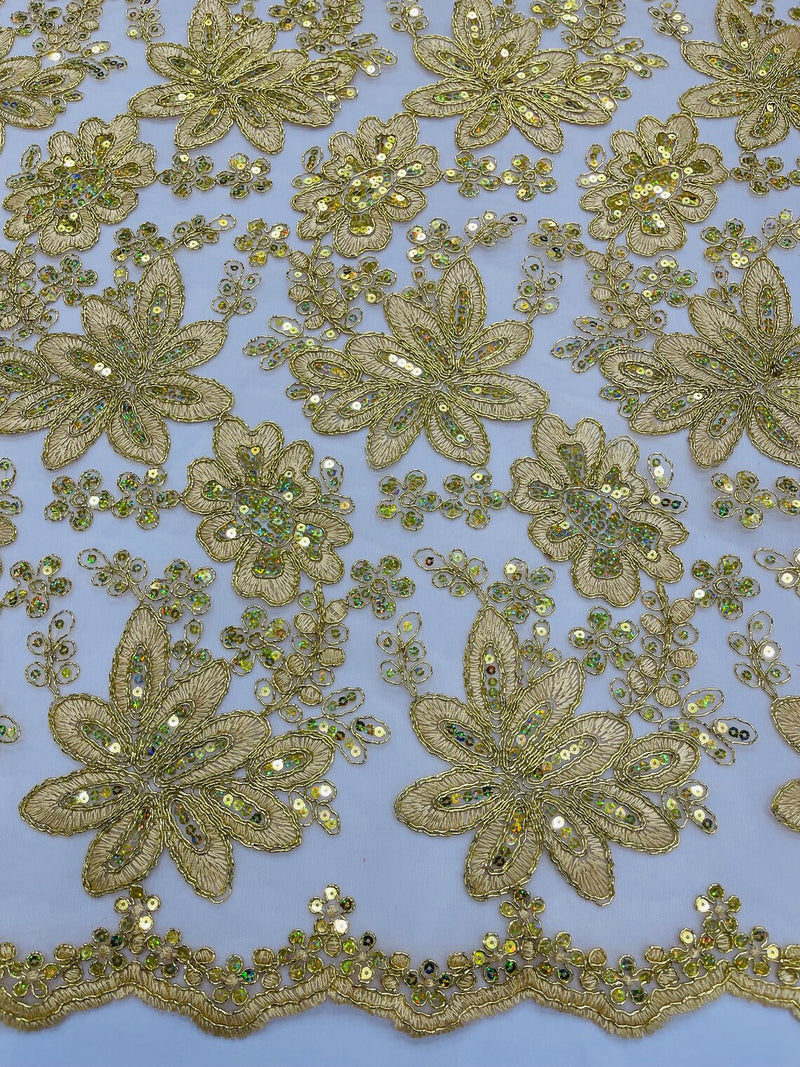 Corded Lace Floral Fabric - Gold - Hologram Sequins Metallic Thread Floral Fabric by Yard