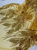 Wavy Leaf Sequins Fabric - Gold - Wavy Lines and Leaves Design on Lace Mesh Fabric by Yard