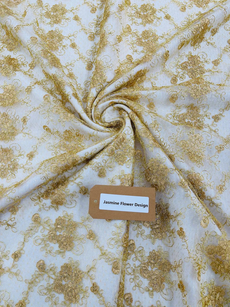 Embroidered Flower Fabric - Gold - Floral Design Scalloped Border Fabric By Yard