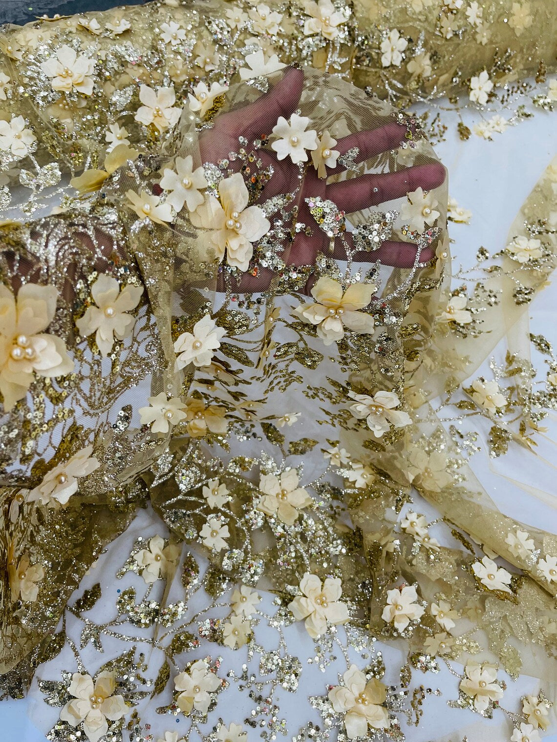 3D Flower Glitter Fabric - Gold - Floral Glitter Sequin Design on Lace Mesh Fabric by Yard