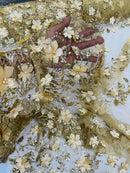 3D Flower Glitter Fabric - Gold - Floral Glitter Sequin Design on Lace Mesh Fabric by Yard