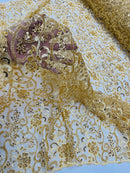 Embroidery Floral Bead Fabric - Gold - Bridal Embroidery Beaded Floral  Fabric Sold by Yard