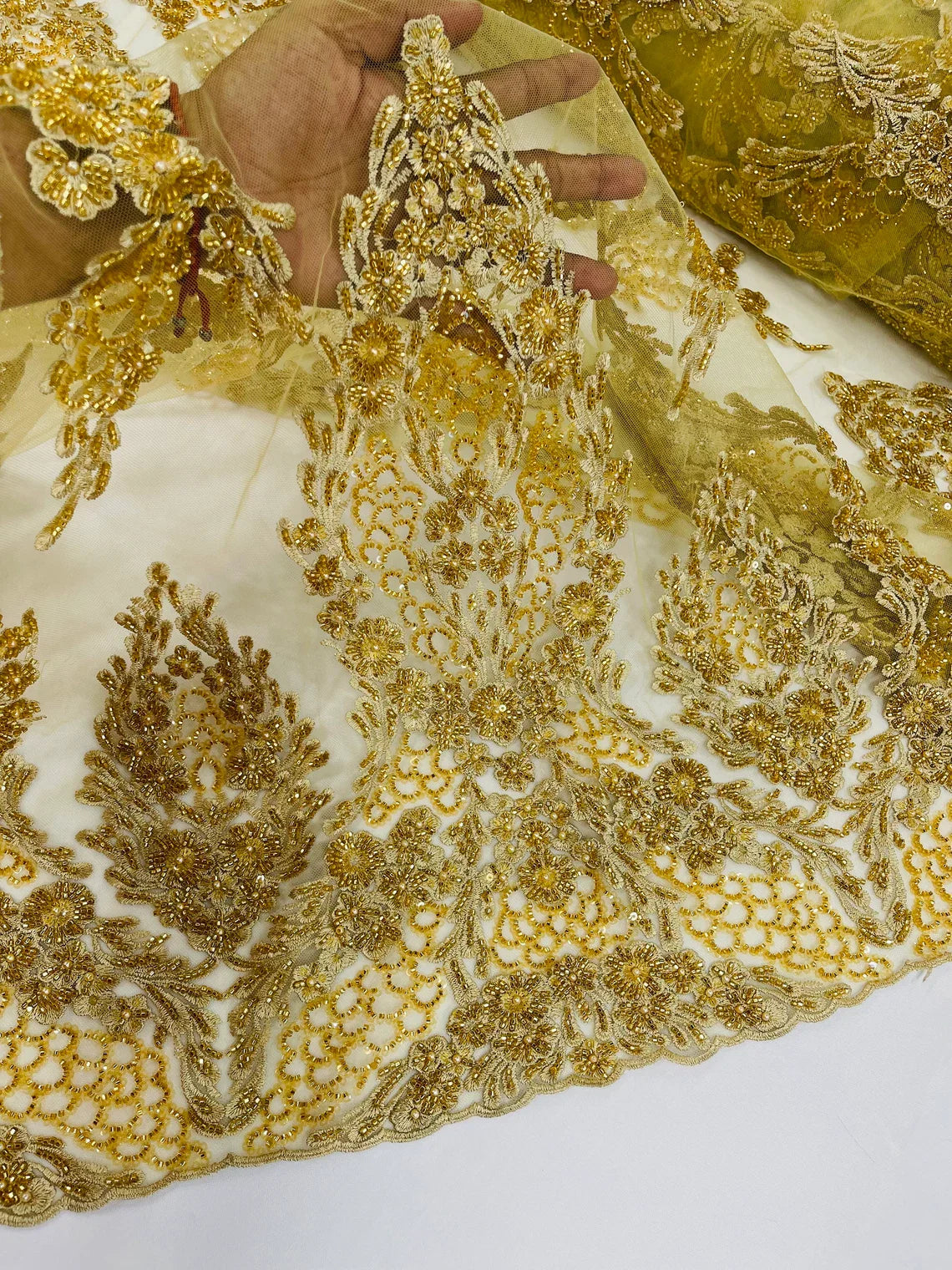 Heavy Bead Floral Fabric - Gold - Beaded Flower Design Fabric Fancy Border By Yard
