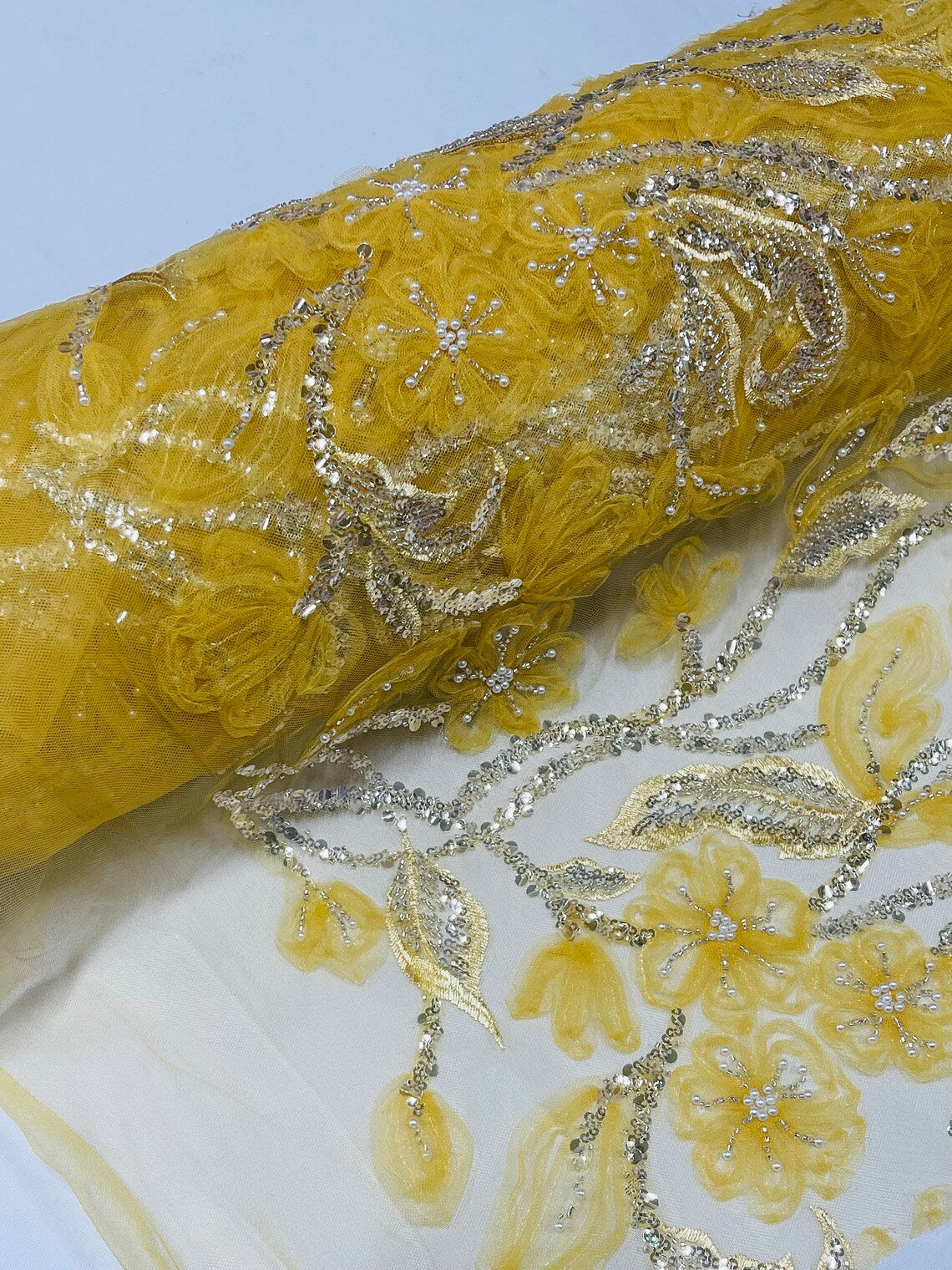 3D Tulle Flower Bead Fabric - Gold - Mesh Flower Plant Design with Beads By Yard
