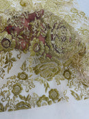 3D Rose Chunky Glitter Fabric - Gold - Rose Floral Design Glitter on Tulle Fabric Sold by Yard