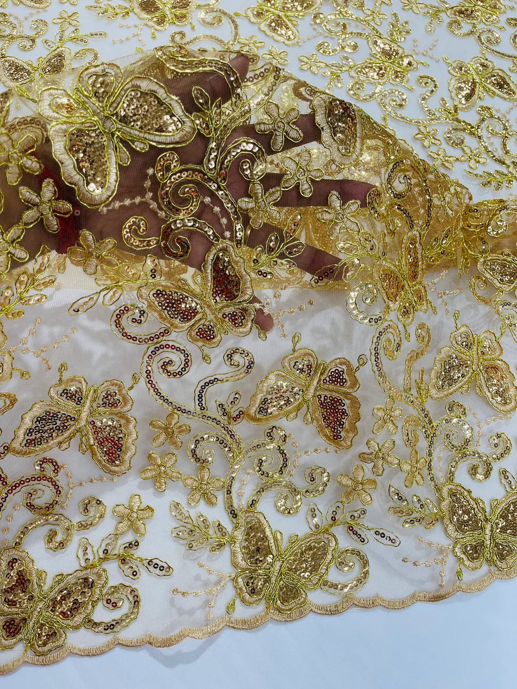 Butterfly Swirl Lace Fabric - Gold - Metallic Sequins Design on Lace Fabric By Yard
