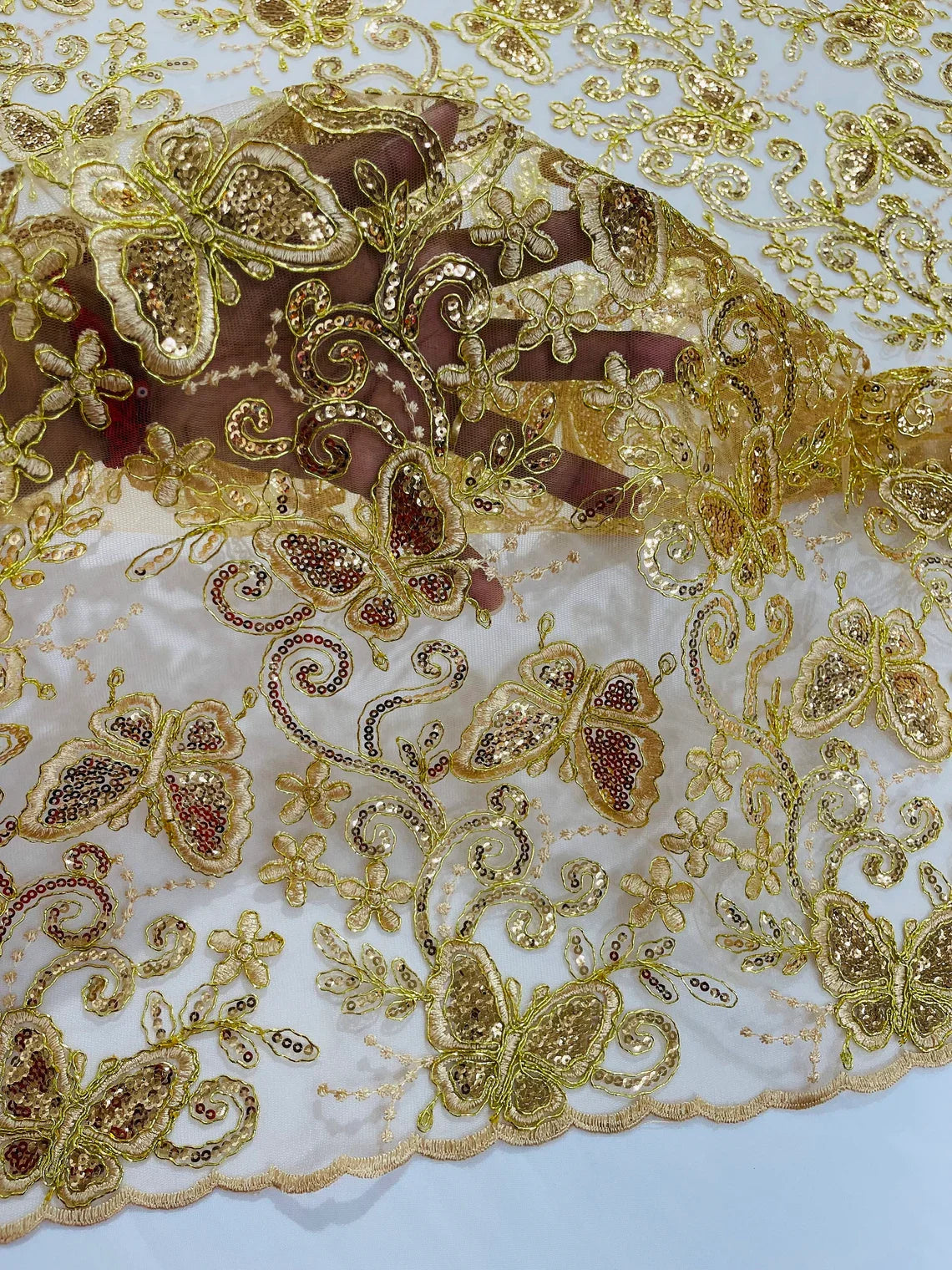 Butterfly Swirl Lace Fabric - Gold - Metallic Sequins Design on Lace Fabric By Yard