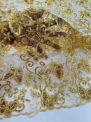 Butterfly Swirl Lace Fabric - Gold - Metallic Sequins Design on Lace Fabric By Yard