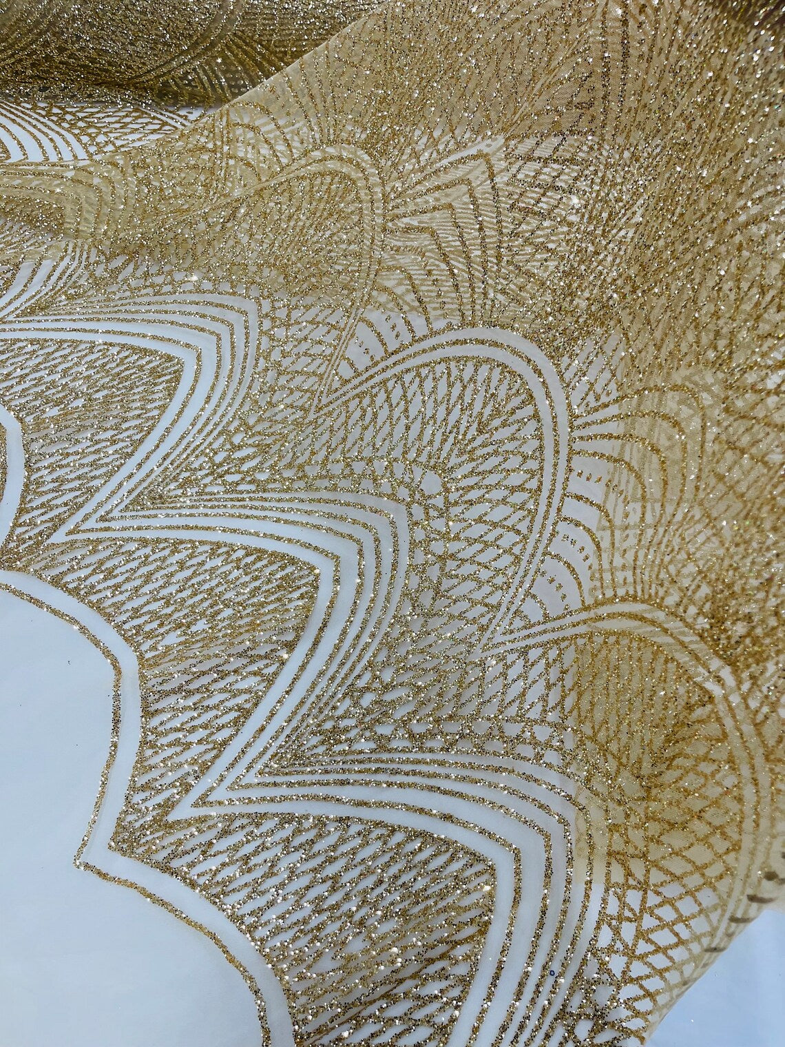 Geometric Glitter Fabric - Gold - Shimmer Glitter Geometric Design Fabric By Yard
