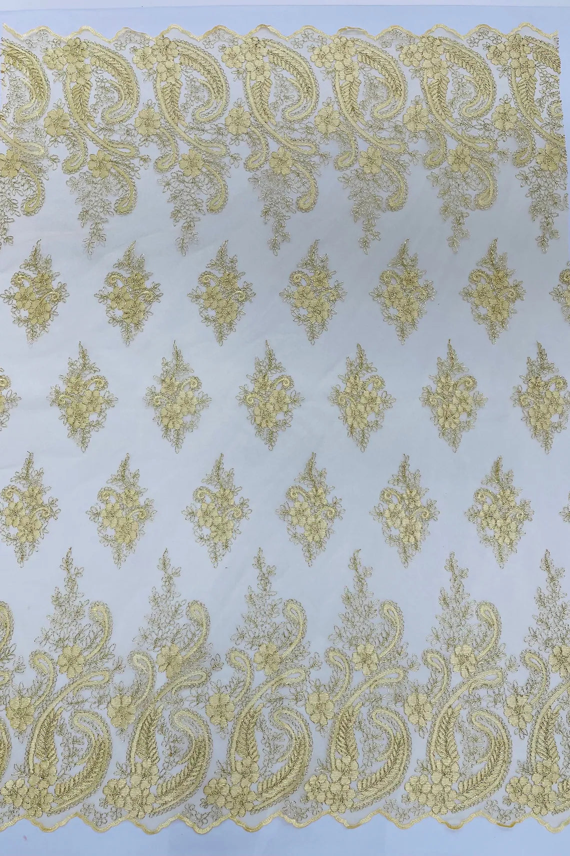 Metallic Corded Lace - Gold - Paisley Floral Fabric with Metallic Thread on a Mesh Lace By Yard